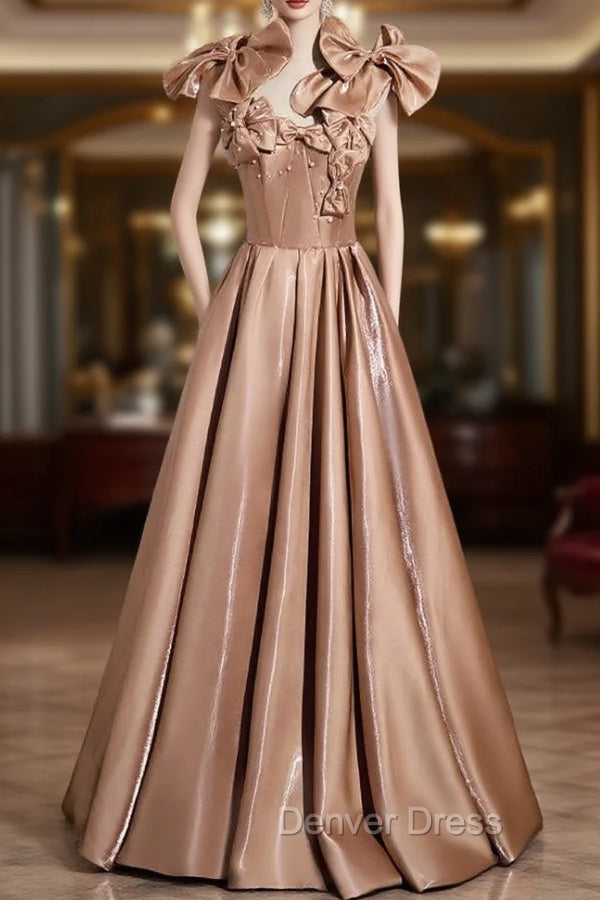 A Line Champagne Satin Bow Prom Dresses Main image