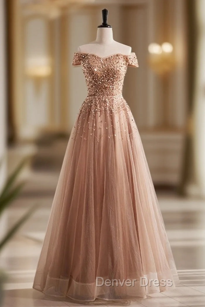 A-Line Champagne Tulle Beading Sequins Prom Dresses Main image