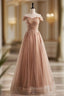 A-Line Champagne Tulle Beading Sequins Prom Dresses