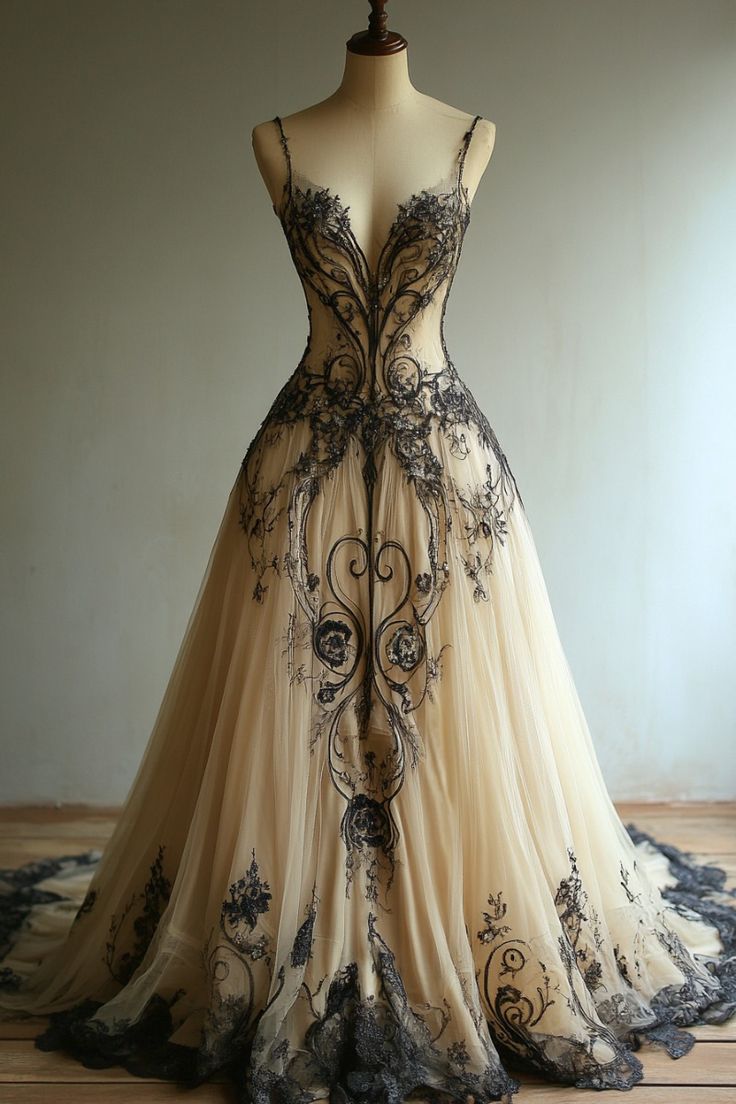A Line Champagne Tulle Black Lace Long Prom Dress Charming Prom Dresses Main image