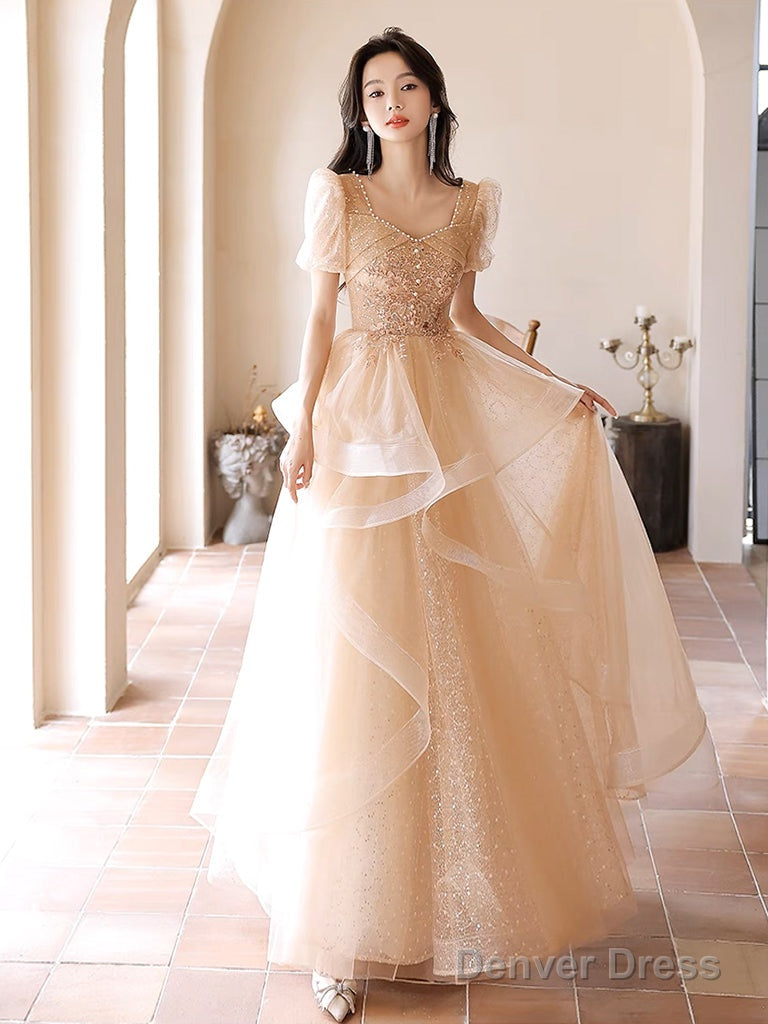 A Line Champagne Tulle Lace Long Prom Dress, Champagne Long Prom Dresses Main image