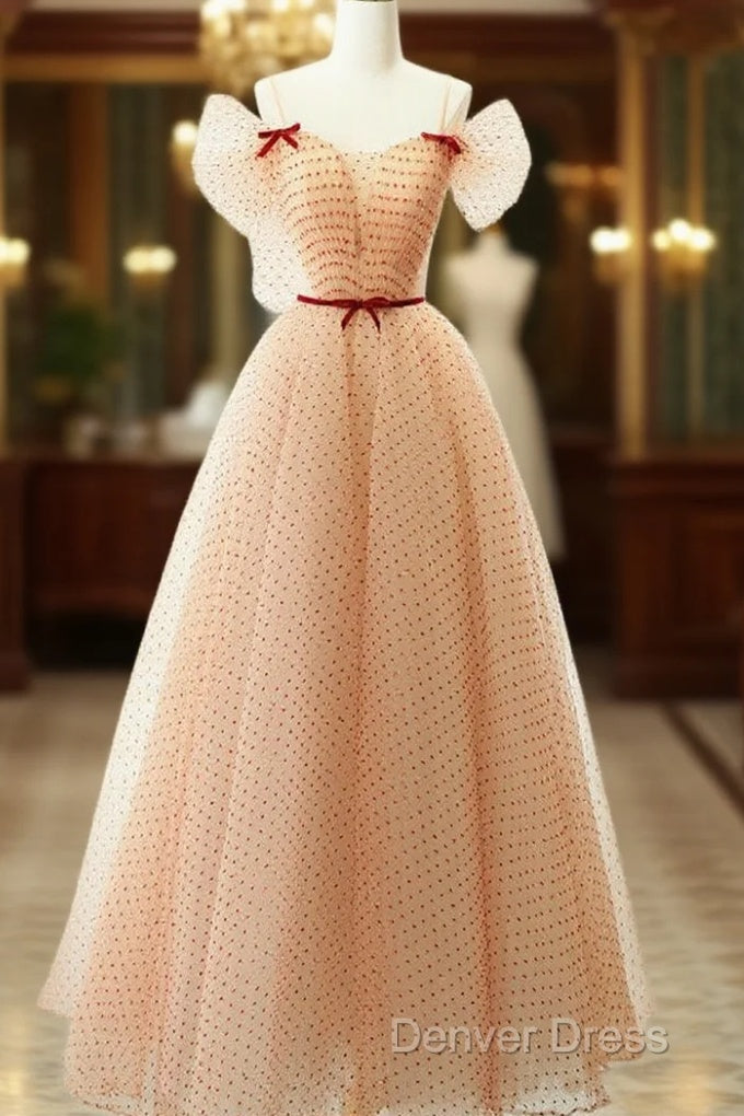 A Line Champagne Tulle Long Prom Dress, Champagne Long Prom Dresses Main image