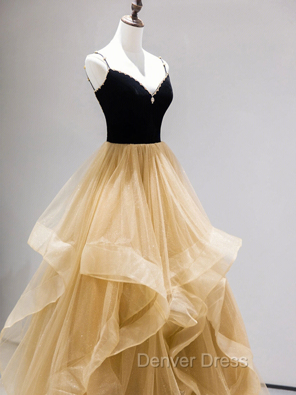 A Line Champagne Tulle Long Prom Dress, Velvet Graduation Dresses with Beading Secondary image
