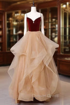 A-Line Champagne Tulle Long Prom Dresses, Velvet Graduation Dresses with Beading