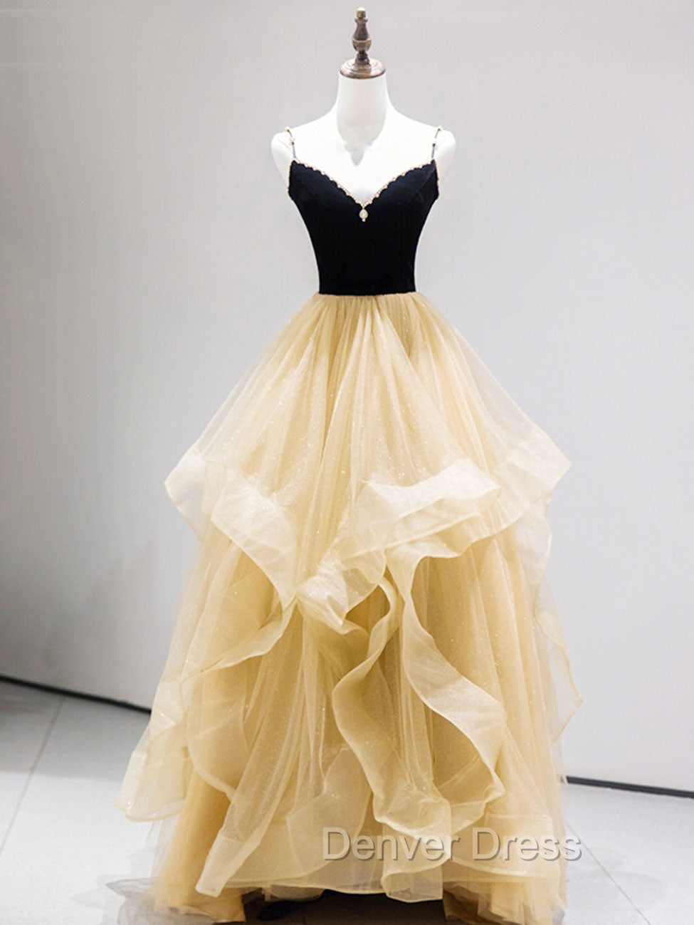 A Line Champagne Tulle Long Prom Dress, Velvet Graduation Dresses with Beading Main image