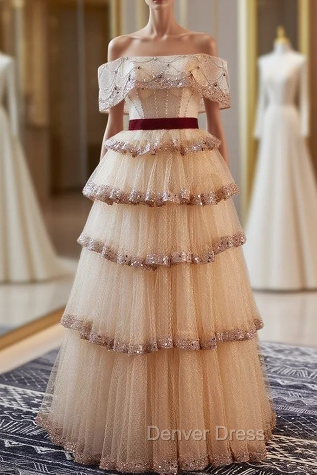 A-Line Champagne Tulle Sequins Beading Off the Shoulder Prom Dresses Main image