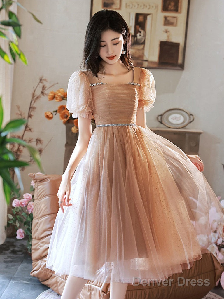A-Line  Champagne Tulle Short Prom Dress, Champagne Homecoming Dress Main image
