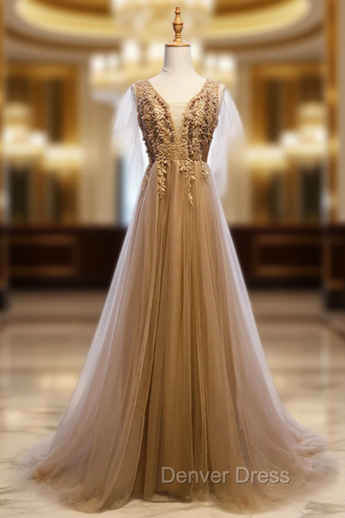 A-Line Champagne Tulle V-neck Backless Appliques Prom Dresses Main image