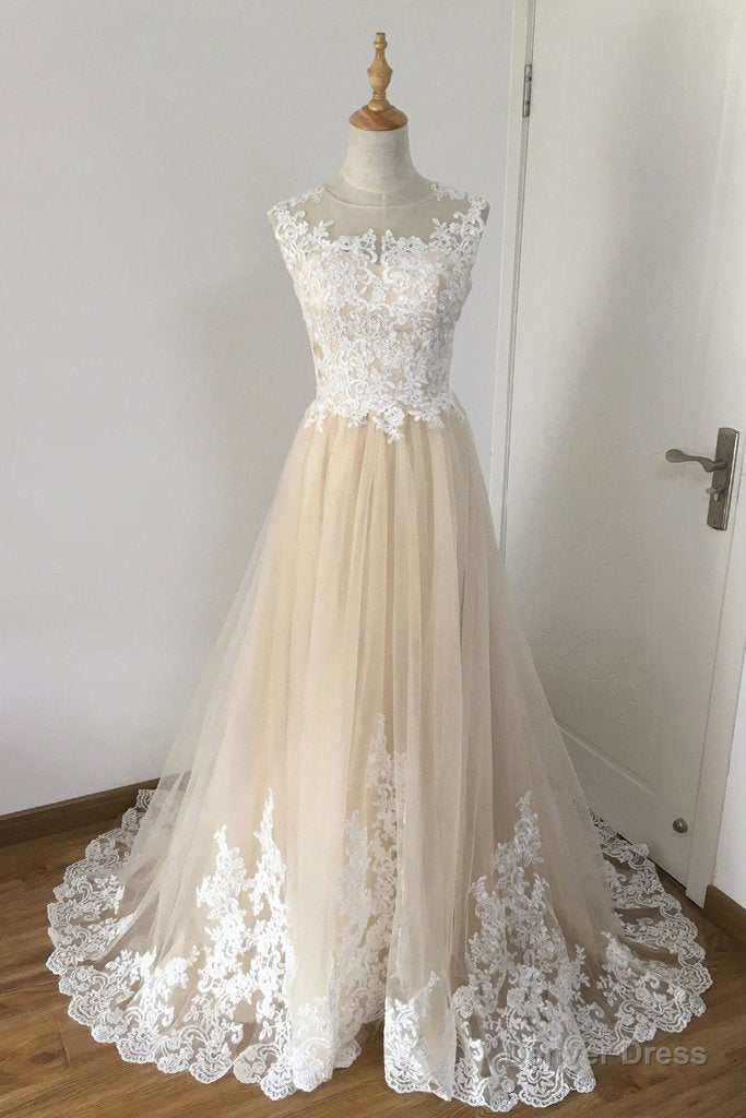 A Line Champagne with White Lace Round Neckline Prom Dress, Beautiufl Wedding Prom Dresses