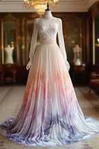 A-Line Chiffon Applique Long Sleeve Wedding Dresses Round Neck Sequin Tulle Long Prom Dresses