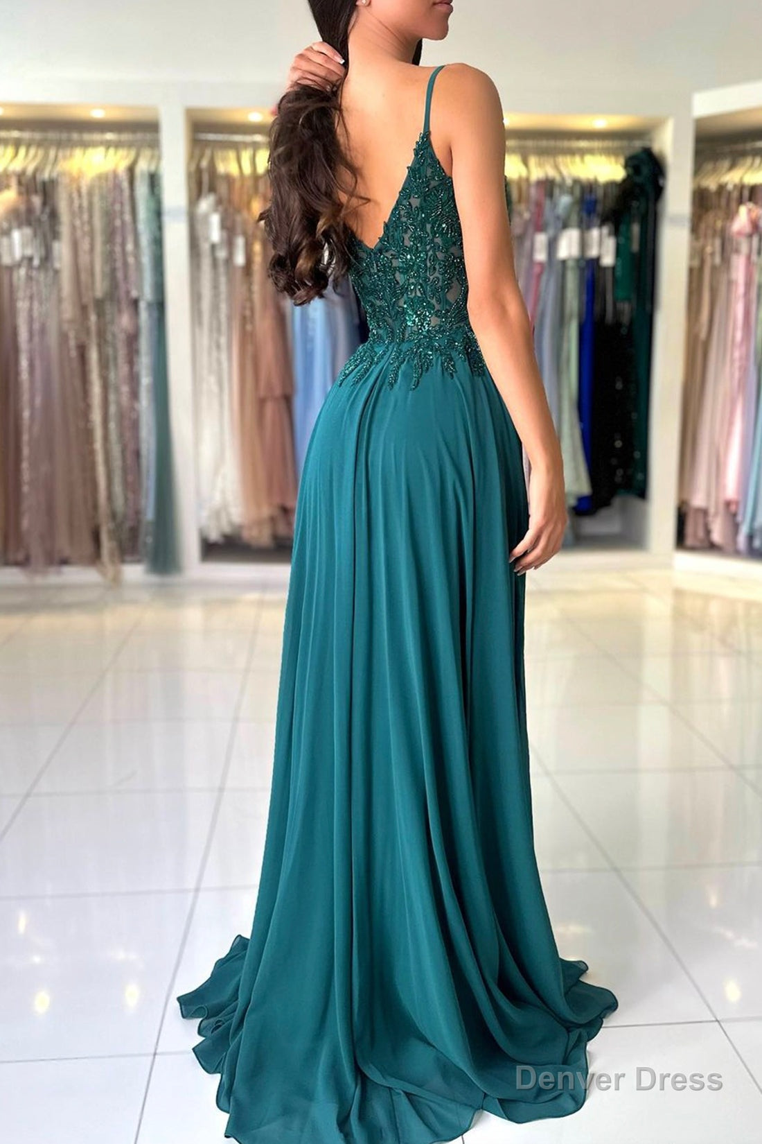A Line Chiffon Beaded Long Prom Dress, Dark Green Spaghetti Strap Prom Dresses Secondary image