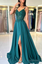 A Line Chiffon Beaded Long Prom Dress, Dark Green Spaghetti Strap Prom Dresses