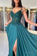 A-Line Chiffon Beaded Long Prom Dress, Dark Green Spaghetti Strap Evening Dress