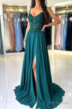 A Line Chiffon Beaded Long Prom Dress, Dark Green Spaghetti Strap Prom Dresses