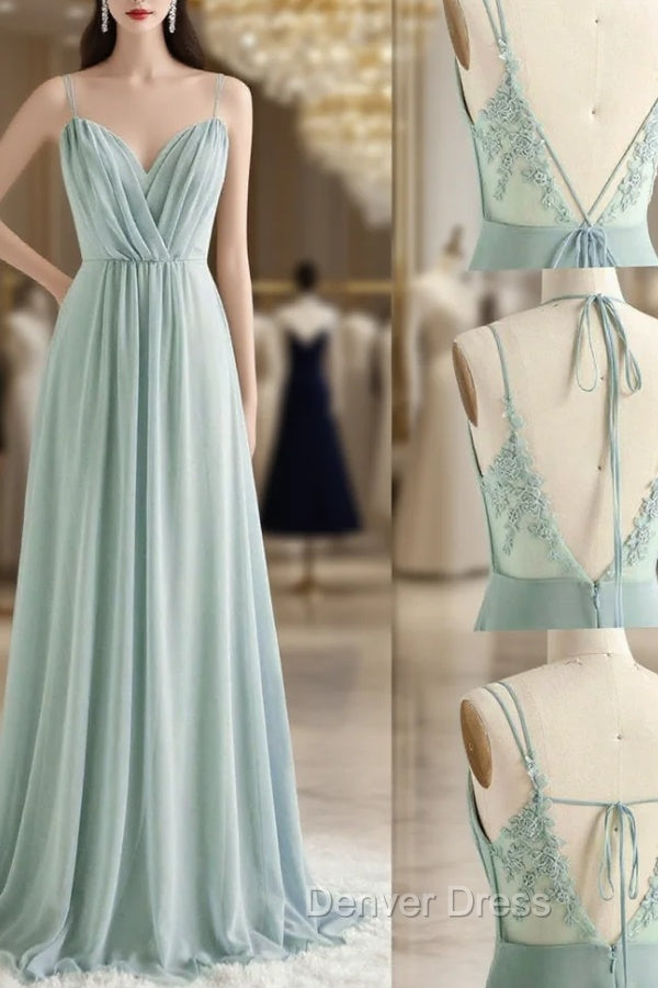 A-Line Chiffon Lace Long Prom Dresses, Green Spaghetti Strap Backless Evening Dresses Main image