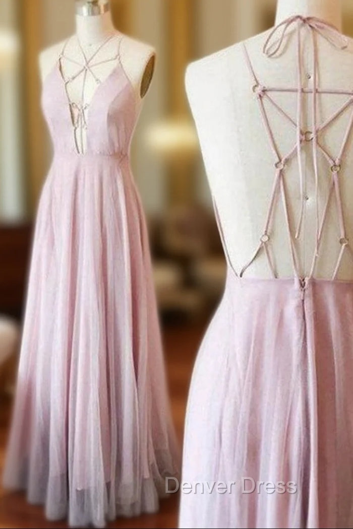 A Line Chiffon Pink Spaghetti Strap Deep V Neck Prom Dresses Main image