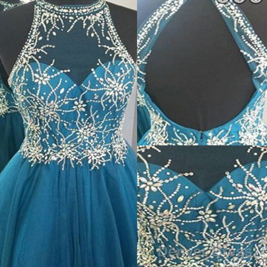 A-Line Chiffon Rhinestone Beads High Neckline Open Back Sweetheart Sequins Knee Length Homecoming Dress Main image