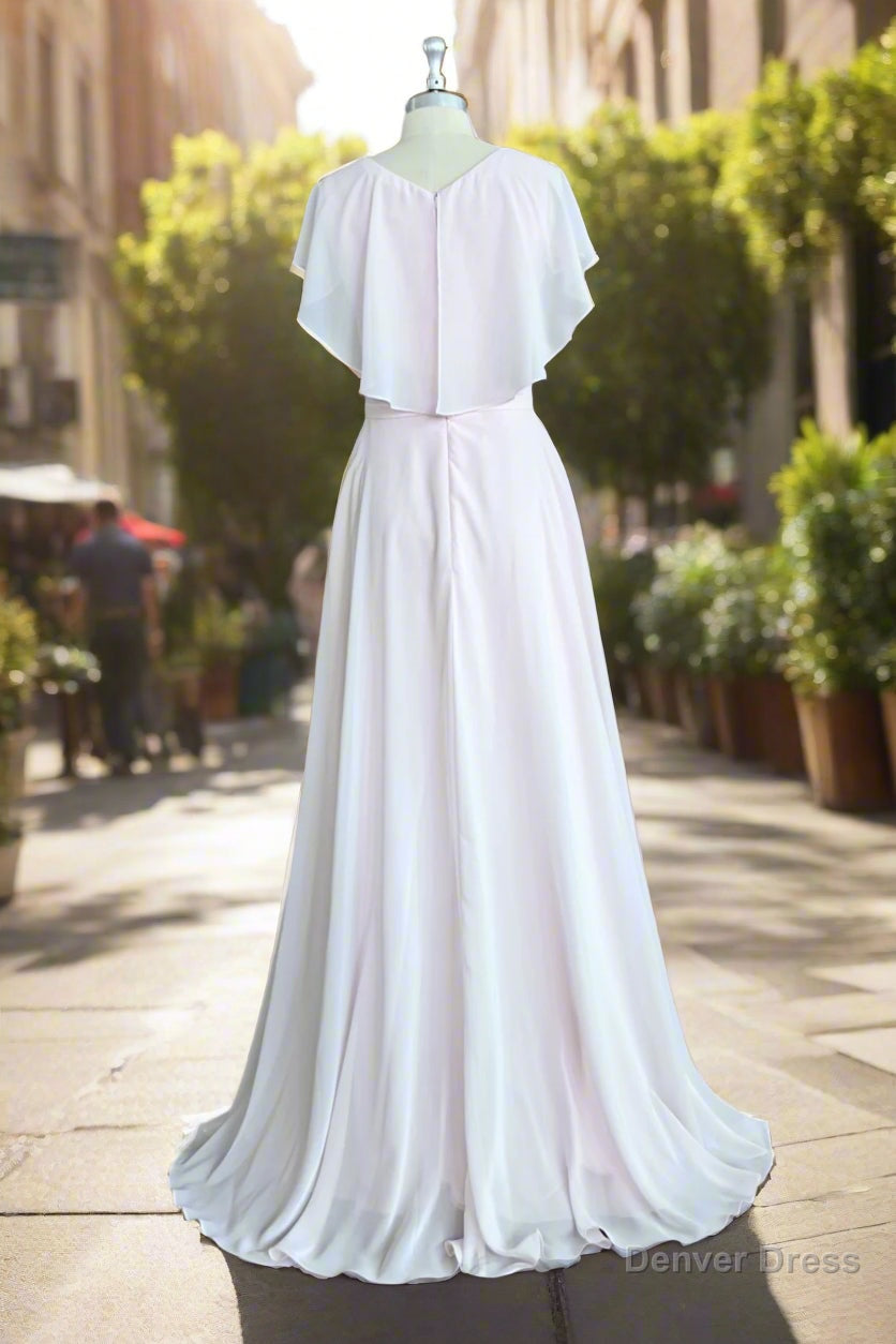 A Line Chiffon Satin Ruffles Sheath V Neck Long Bridesmaid Dresses with Short Sleeves