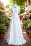 A Line Chiffon Satin Ruffles Sheath V Neck Long Bridesmaid Dresses with Short Sleeves