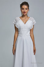 A Line Chiffon V Neck Applique Floor Length Wedding Dresses