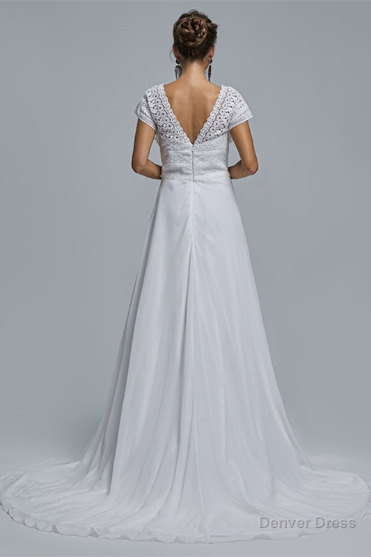 A-Line Chiffon V-Neck Applique Floor-Length Wedding Dresses