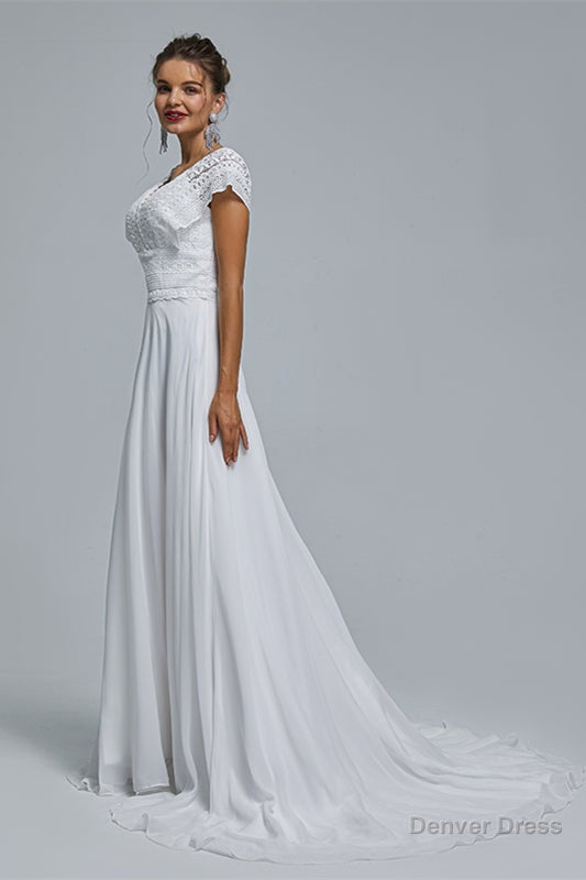 A Line Chiffon V Neck Applique Floor Length Wedding Dresses