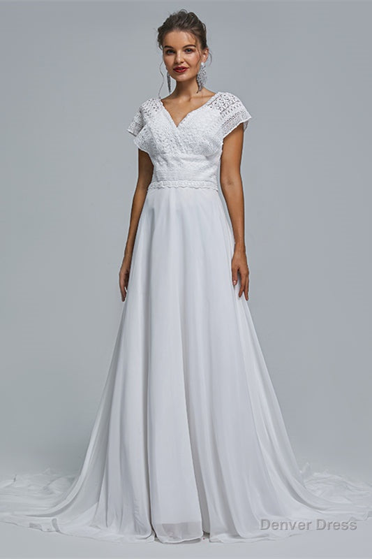 A Line Chiffon V Neck Applique Floor Length Wedding Dresses