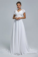 A Line Chiffon V Neck Applique Floor Length Wedding Dresses