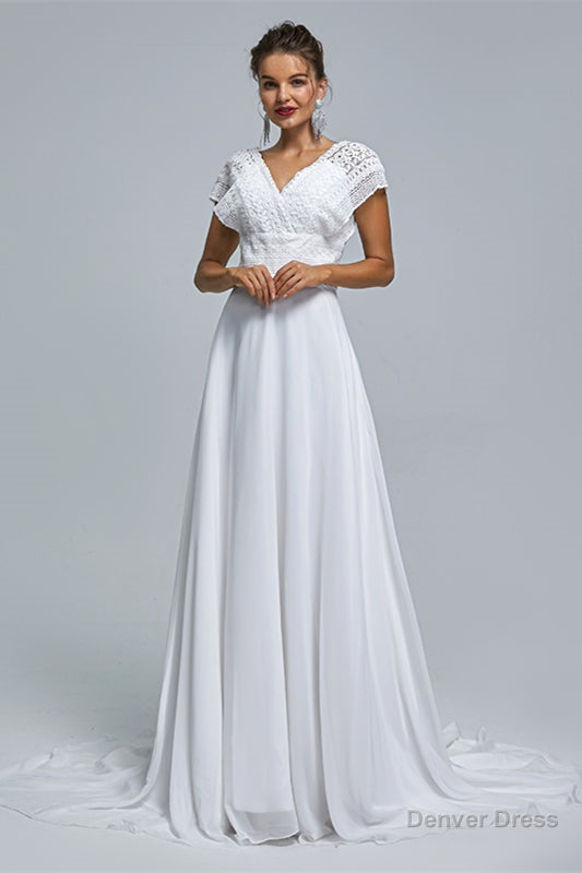 A Line Chiffon V Neck Applique Floor Length Wedding Dresses