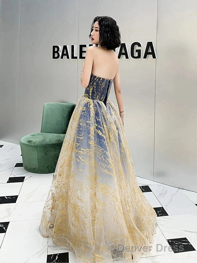 A-Line Color Block Sparkle Engagement Prom Dress Strapless Sleeveless Floor Length Sequined With Sequin