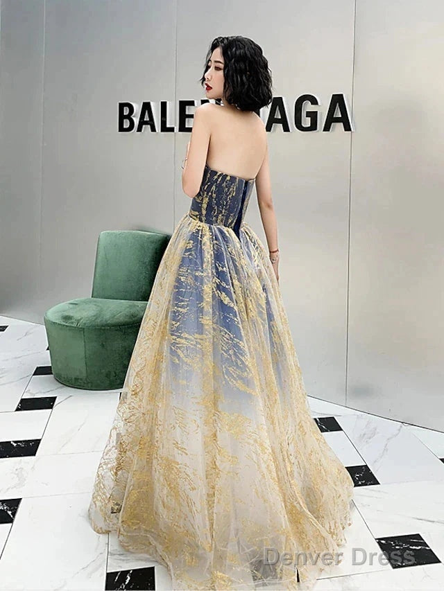 A Line Color Block Sparkle Engagement Prom Dresses Strapless Sleeveless Floor Length Sequined With Sequin