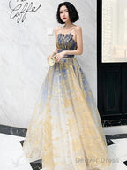 A-Line Color Block Sparkle Engagement Prom Dress Strapless Sleeveless Floor Length Sequined With Sequin