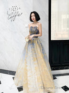 A-Line Color Block Sparkle Engagement Prom Dress Strapless Sleeveless Floor Length Sequined With Sequin