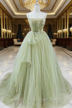 A Line Corset Back Sage Green Tulle Long Dresses