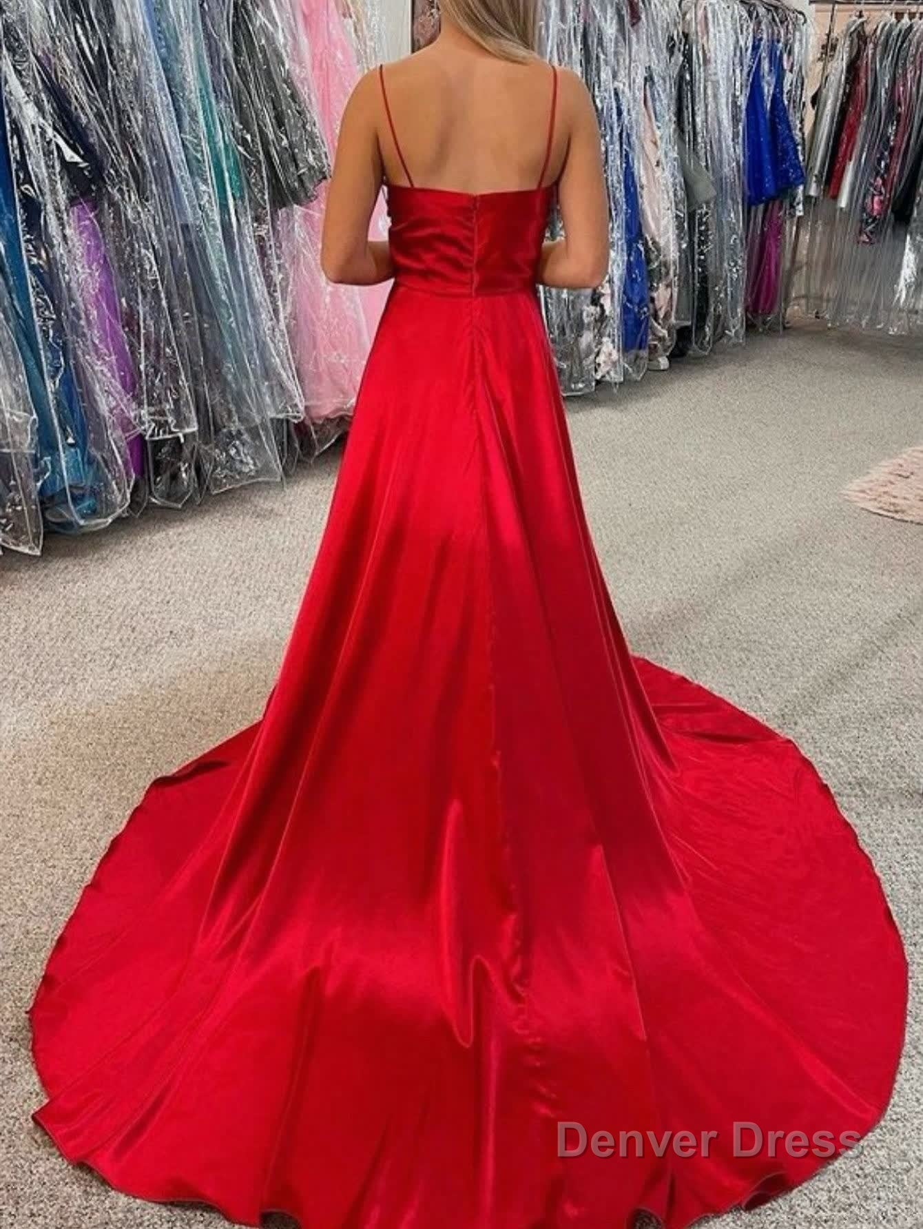 A Line Cowl Neck Satin Prom Dresses With Slit
