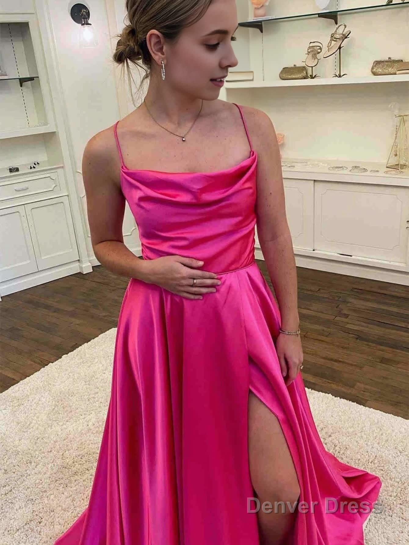 A Line Cowl Neck Satin Prom Dress With Slit