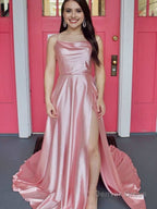 A Line Cowl Neck Satin Prom Dresses With Slit