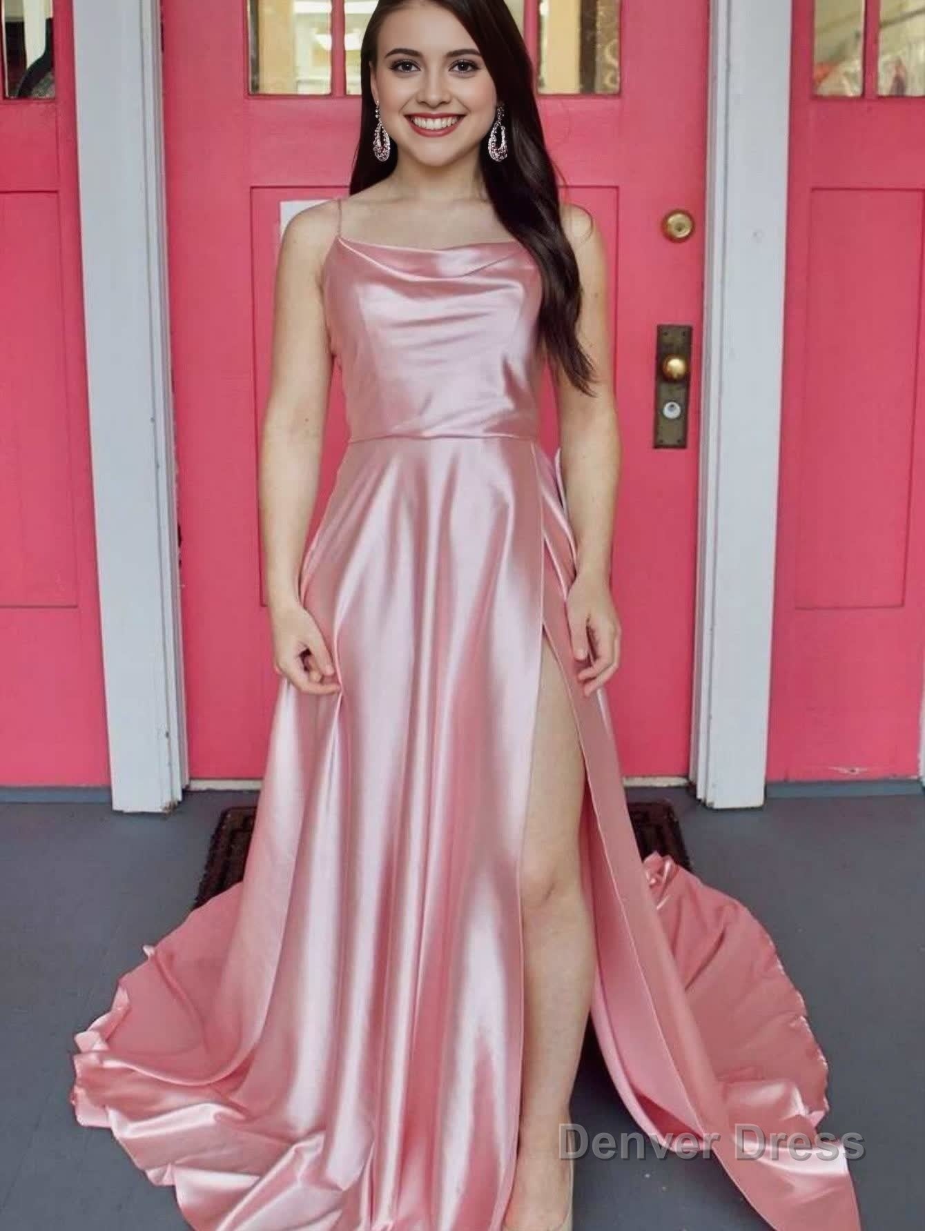 A Line Cowl Neck Satin Prom Dresses With Slit