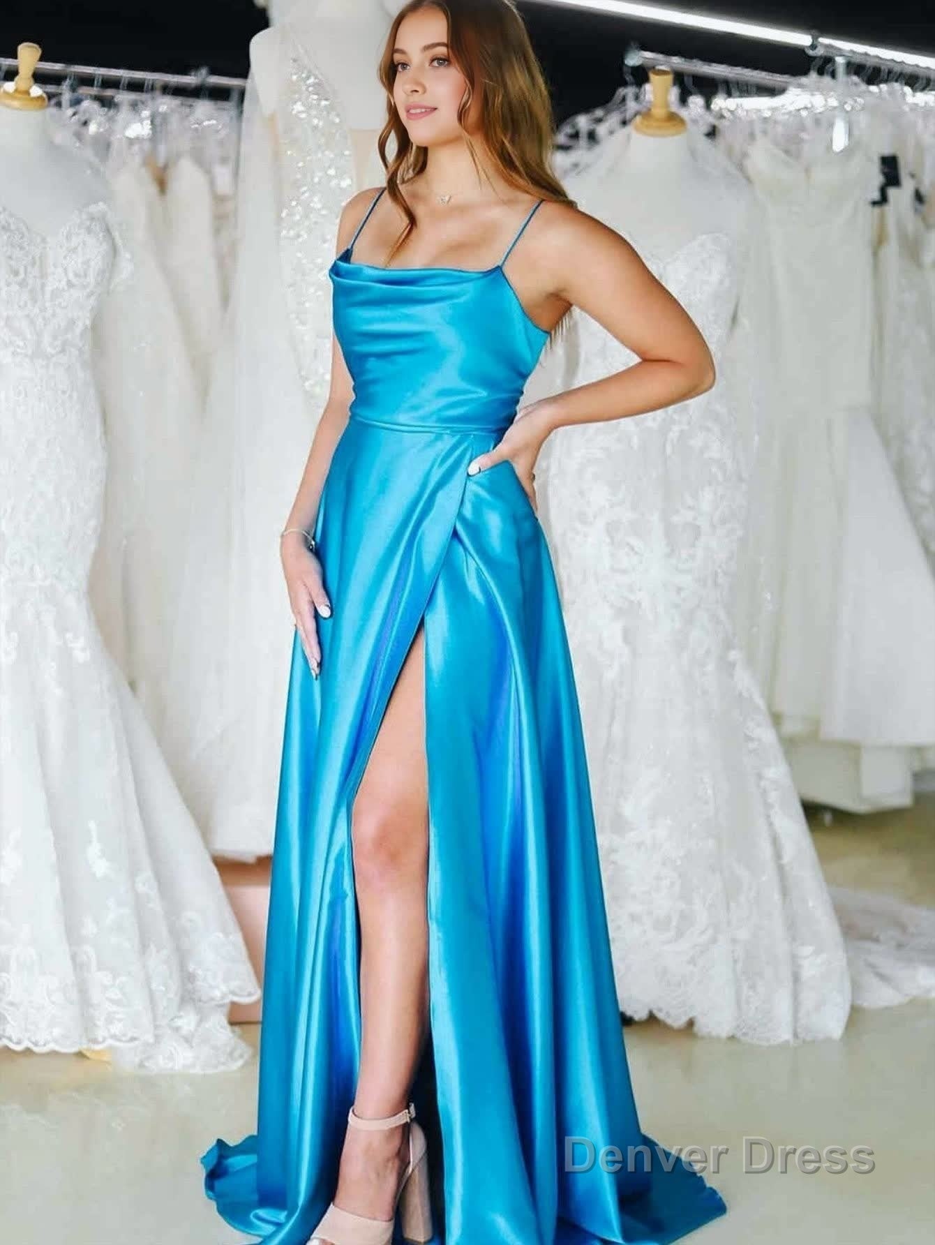 A Line Cowl Neck Satin Prom Dress With Slit