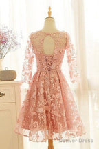 A-Line Crew Knee-Length 3/4 Sleeves Pink Lace Homecoming Dress