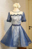 A Line Crew Knee Length Short Sleeves Navy Blue Homecoming Dresses