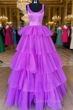 A-Line Crew Neck Lilac Tiered Tulle Long Formal Dresses