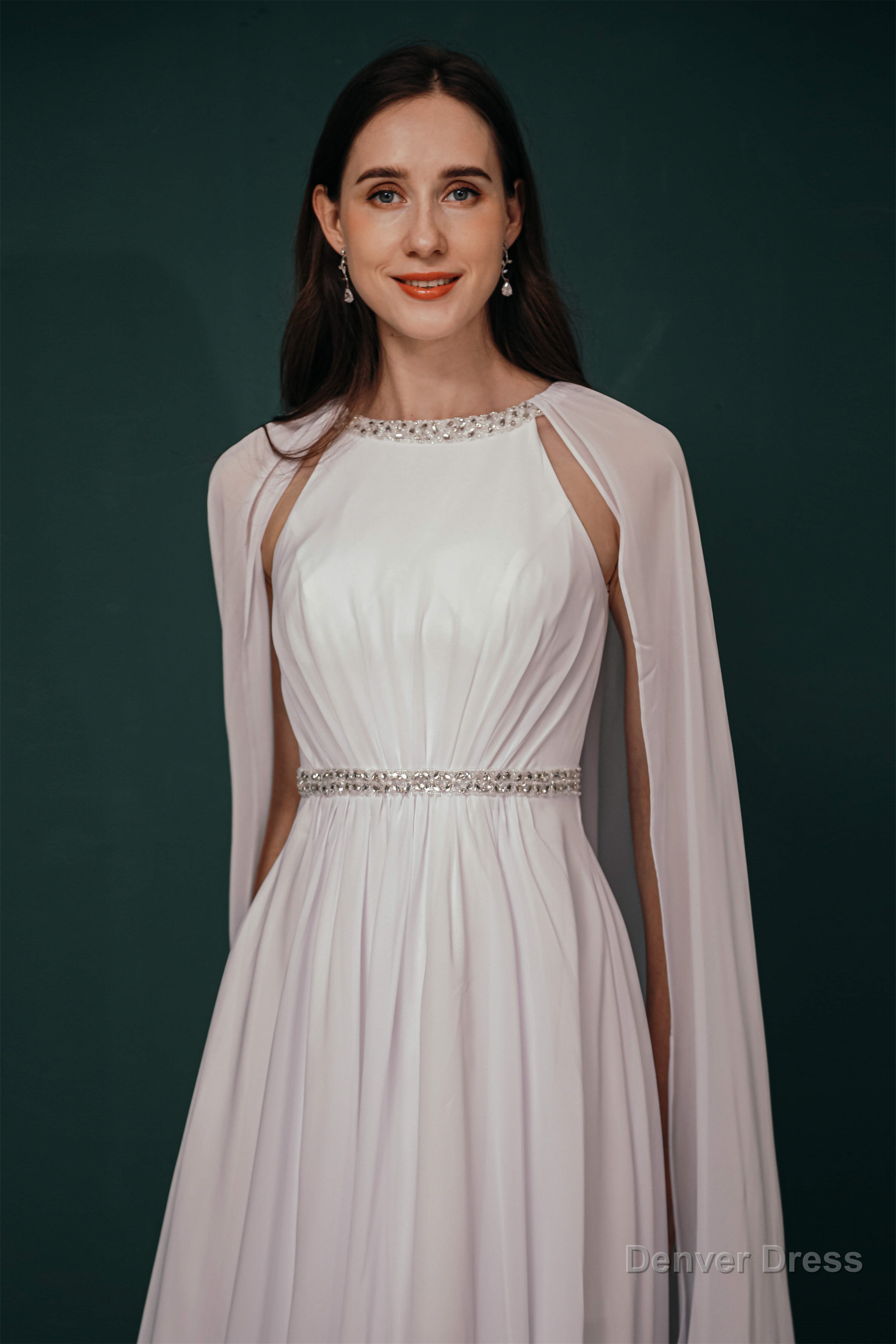 A Line Crew Tea Length Chiffon Beaded Waist Mother of The Bride Dresses
