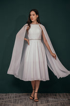 A Line Crew Tea Length Chiffon Beaded Waist Mother of The Bride Dresses