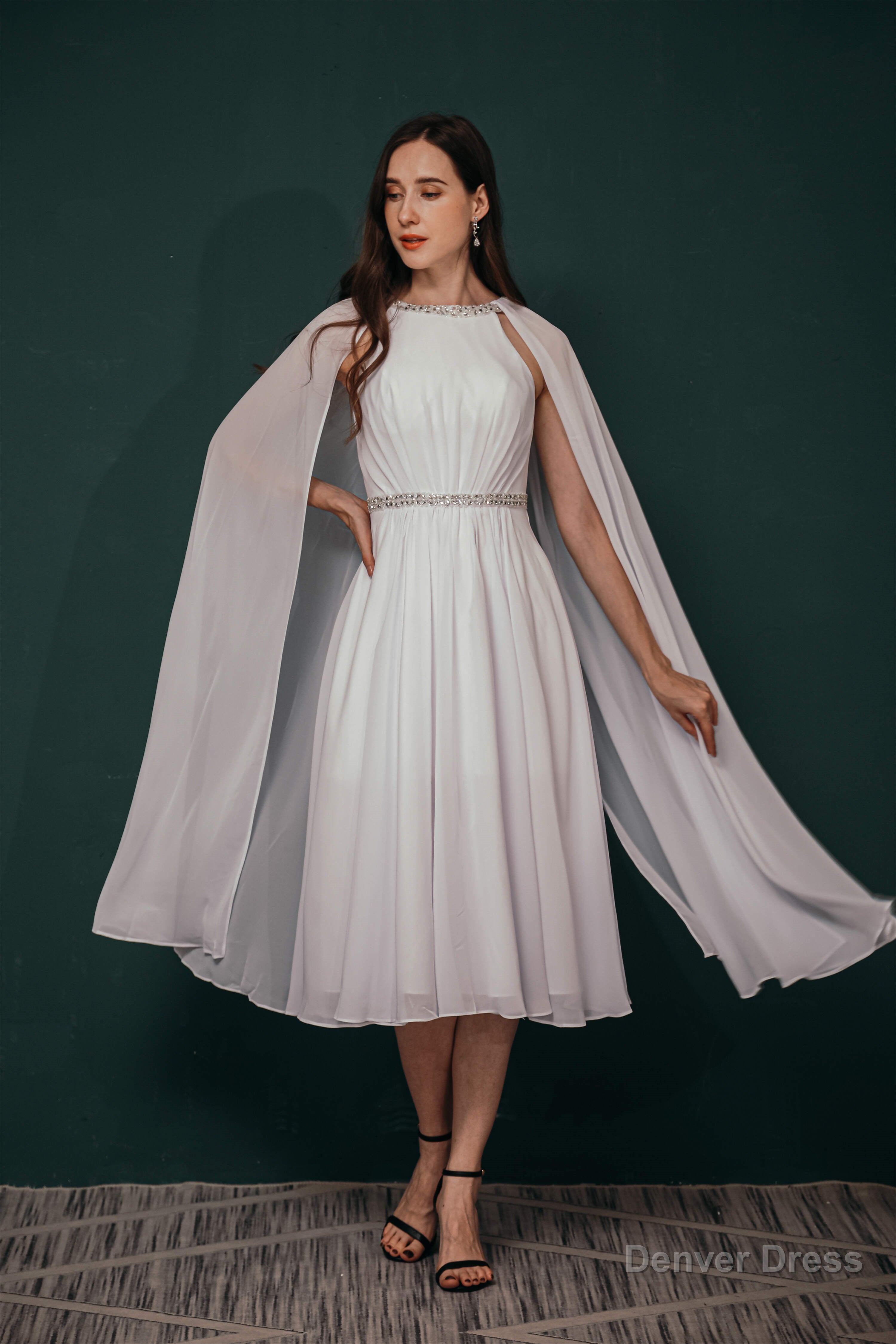 A Line Crew Tea Length Chiffon Beaded Waist Mother of The Bride Dresses