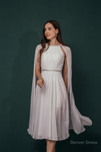 A Line Crew Tea Length Chiffon Beaded Waist Mother of The Bride Dresses