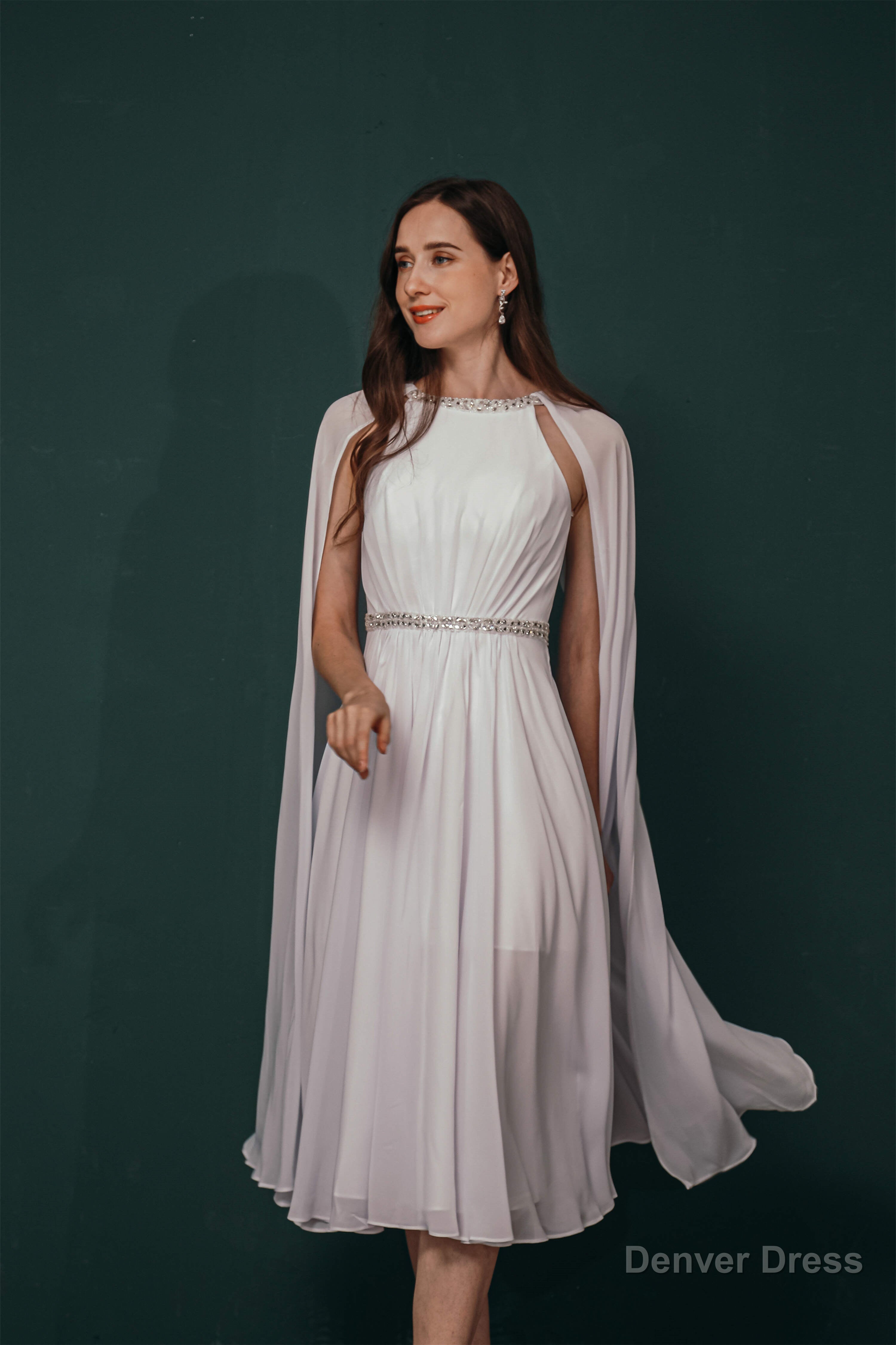 A Line Crew Tea Length Chiffon Beaded Waist Mother of The Bride Dresses