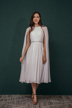 A Line Crew Tea Length Chiffon Beaded Waist Mother of The Bride Dresses