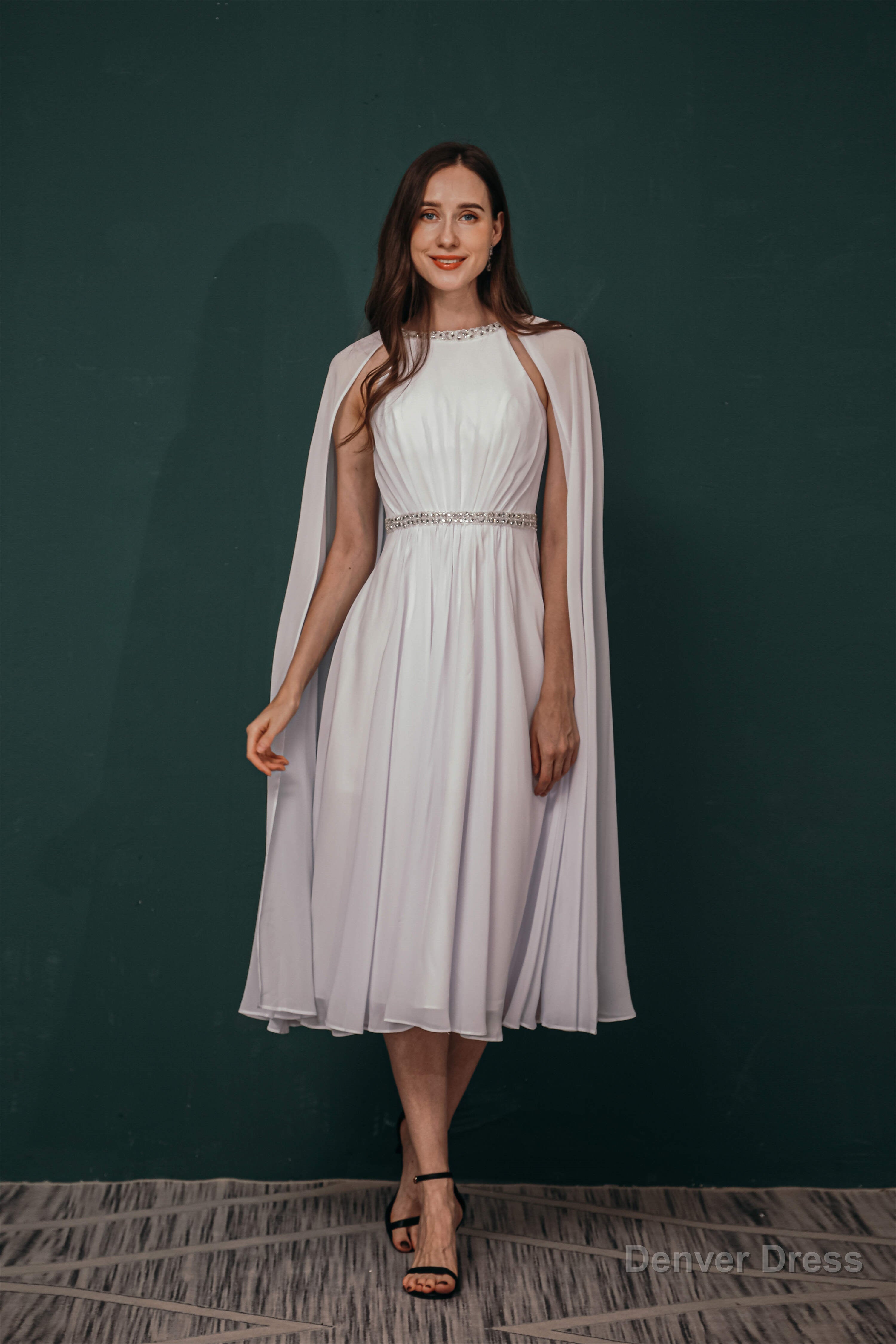 A Line Crew Tea Length Chiffon Beaded Waist Mother of The Bride Dresses