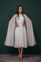 A Line Crew Tea Length Chiffon Beaded Waist Mother of The Bride Dresses